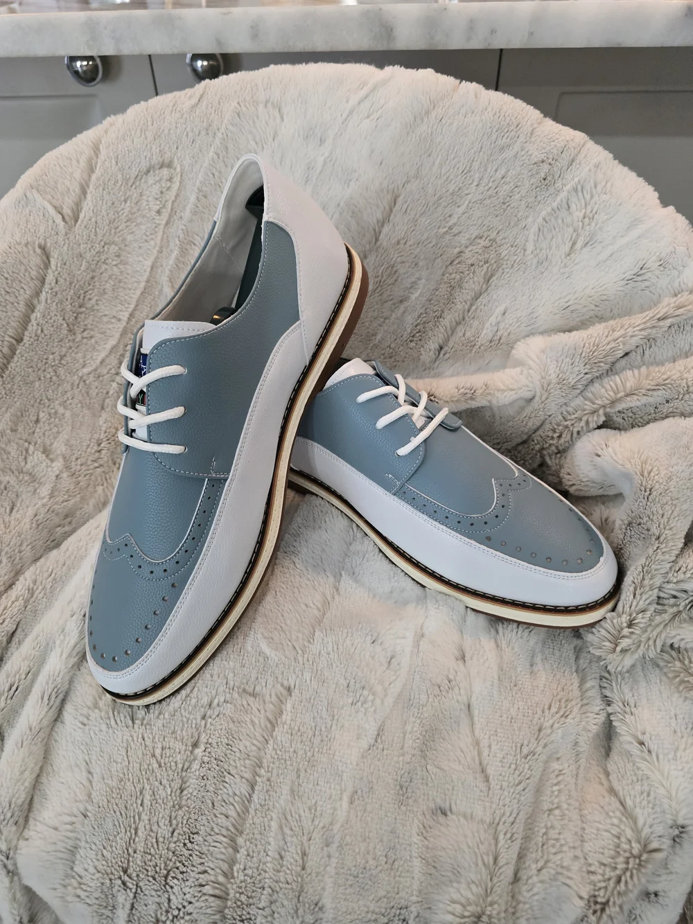 Men's Wingtip Derby Shoes in Light Blue and White